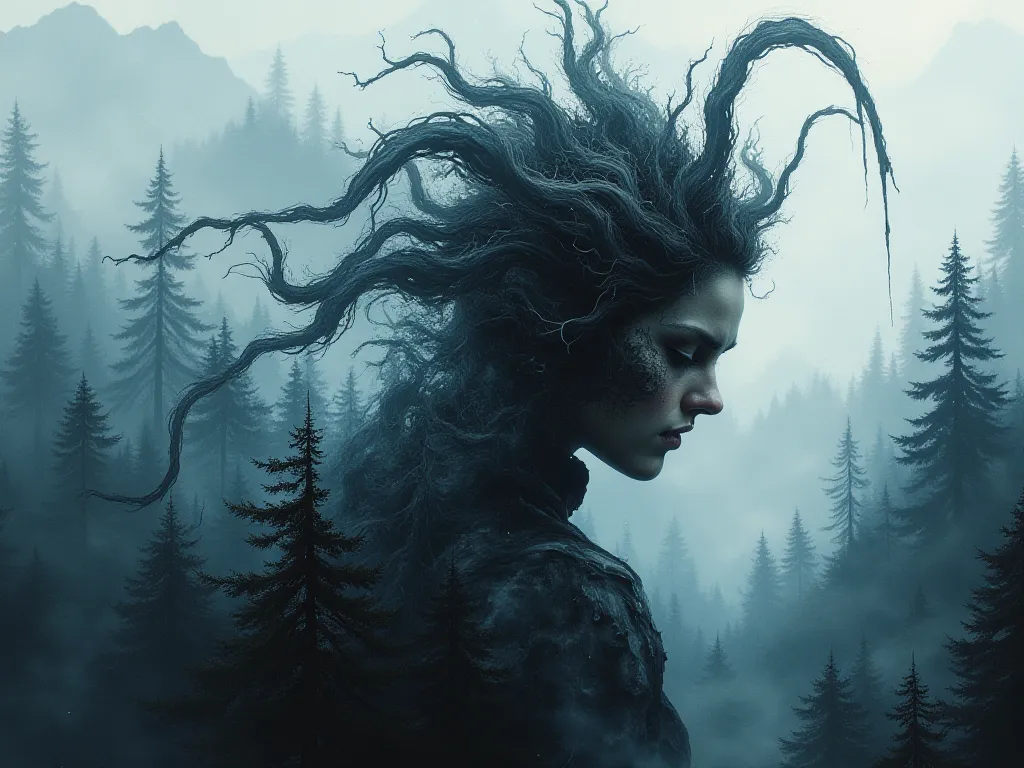  "intricate double exposure image. A a weird horror monster ghost thing, girl creepy,  seamlessly integrated into the enchanting mountain forest. The dual exposure photograph features dark hour hues and captures the incredible depth and dramatic lighting o...