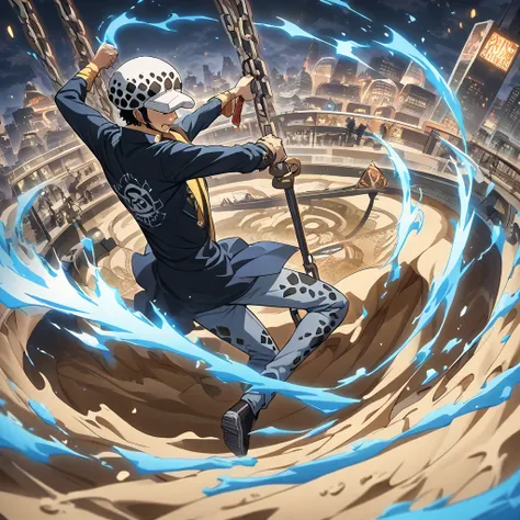 trafalgar law、Tragalfaro makes pyramid sand art with sand from the city park's sandbox、solo、full body、HD、Super Detail、High definition 、 with movement、anatomically correct、cowboy shot with aura、躍動感、 combat posture、force、deep background with letters written ...