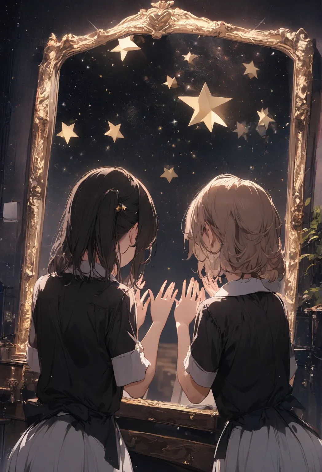 (indoor, girl looking in the mirror,   two side hair , Put your hands on the mirror, Big night sky, Many stars)