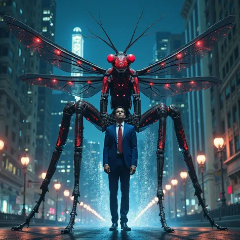 "A giant demonic mantis, of a dark and bright exoskeleton with biomechanical details, luminous red eyes and translucent wings, in full transformation . His body breaks down into particles of brilliant energy as he takes the form of a tall, elegant man in a...