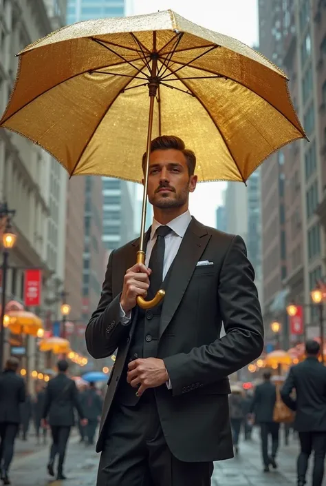 man is with golden umbrella