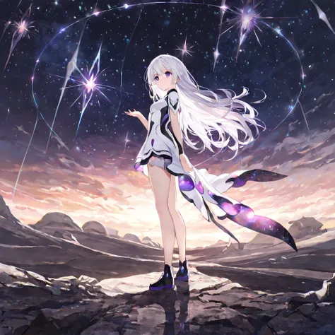 (masterpiece, best quality:1.2), absurdres, Yuki, 1girl, full body, solo, white hair, long hair, (purple eyes:1.2), white outfit with purple accents, one hand out, side view, world fading away into a galaxy void, anime, character is dead center, slightly f...