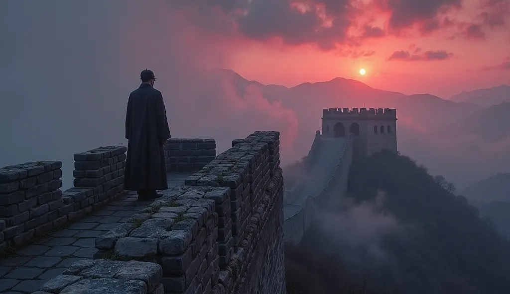 "An atmospheric and dramatic scene of the Great Wall of China, set during the twilight hours. The wall stretches across a mountainous landscape, partially obscured by swirling mist and shadows. In the foreground, a solitary soldier stands at the top of a s...