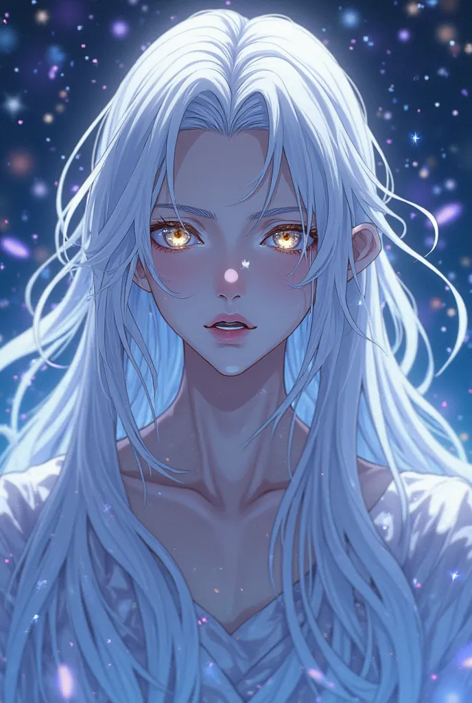 An anime style medium shot of pale skin long white hair, angelic young man with a sfumato effect. He is a hybrid of the sea angel and has golden eyes and white eyelashes. The young man is a tritón. He is the most beautiful man in the world. The background ...