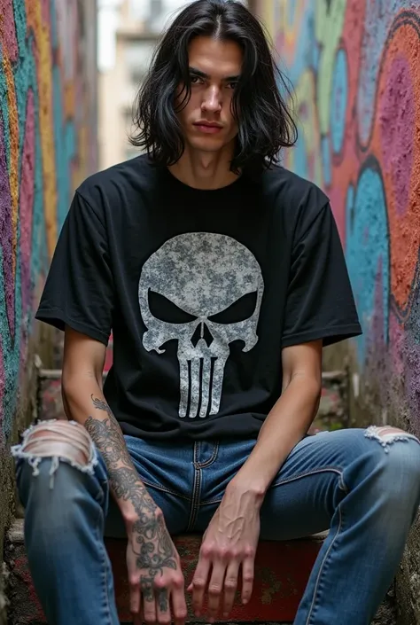 tall skinny posture guys, long black haired ass, fair skin, black over size t-shirt, berlogo punisher, bercelana jeans big size, sitting on the stairs against a wall in colorful grafity paint, HD realistic image 