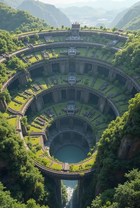 The image depicts a monumental structure with a futuristic appearance., composed of gigantic concentric rings that form immense craters. Each of these craters appears to be a city or facility built at different levels along the inner walls of the rings.. T...