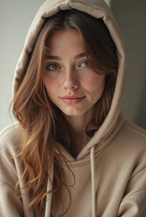 Selfie style pic of girl with brown hair wearing hoodie