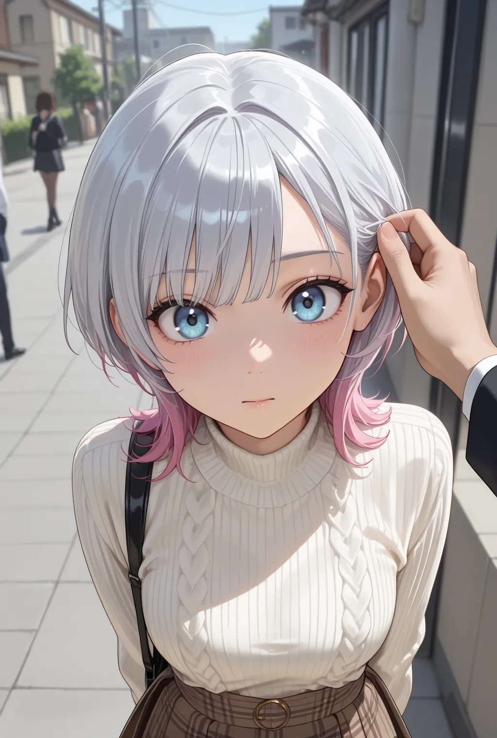   masterpiece,  top quality made of straw ,  top quality made of straw,  Highest Image,  high quality,  detailed background, ((focus on the upper body,  face)), ((one girl,1 person)), 1 person, brilliant silver hair,bangs only dark pink, Partly pink hair, ...