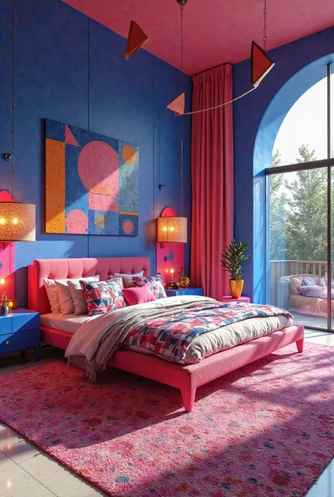 lots of geometric shapes masterbedroom using memphis style using royal blue and hot pink colors