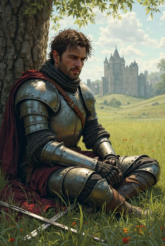 A medieval knight exhausted from a battle resting on the grass 