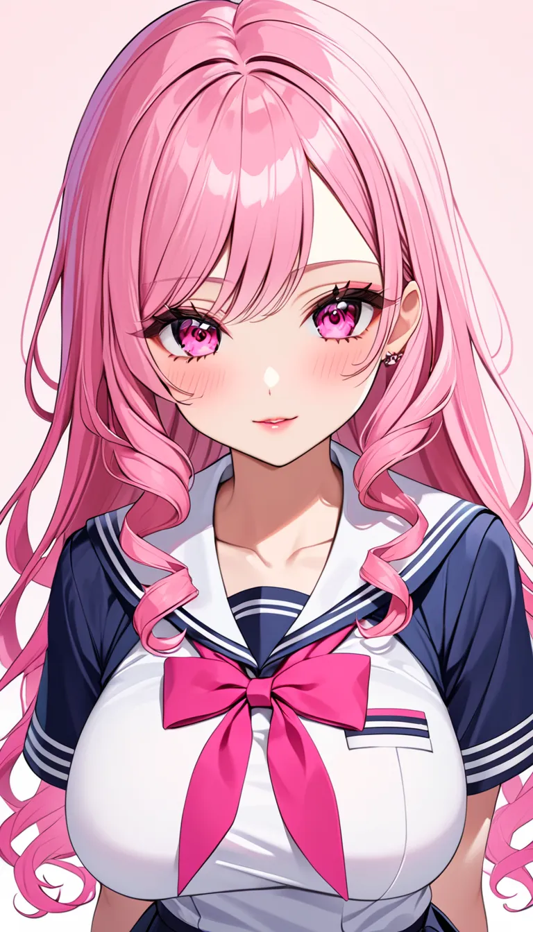  top quality　  Masterpiece  　 high definition 　  Masterpiece  　 pink long hair, curly hair,　　  pink Eyes, big breast, plain backround, white backround, no backround, seifuku, school girl, sailor, make up,  full navy oitfut color,gyaru, pink ombre hair 2 to...