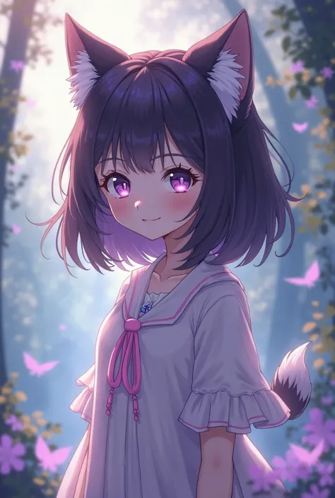 Anime wolf girl Innocent looking with light purple eyes and dark purple hair  Full body 