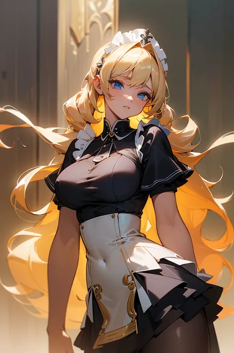 ((masterpiece, best quality, ultra-detailed, high resolution, extremely detailed CG, super detailed, most beautiful clean lighting)), 1 girl, Troubled face, shyness, blonde shiny long hair, multiple long drill hair, large amount of hair, curly hair in vert...