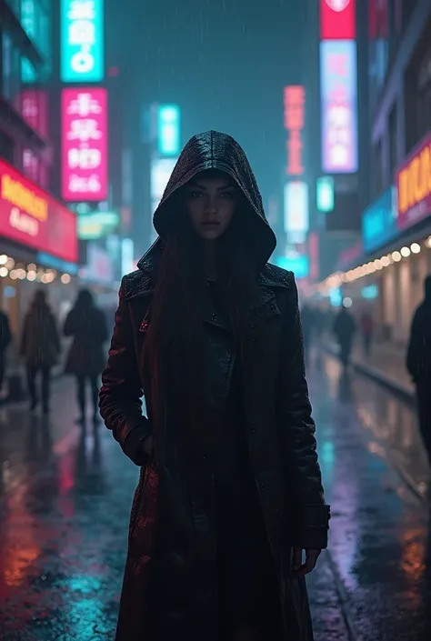 high quality,  8K Ultra HD, The neon city of the future, streets are immersed in darkness, it&#39;s raining. Screens with English inscriptions flash in the distance. In the foreground, a girl in a long coat and hood, Her face is hidden. Her clothes fit her...