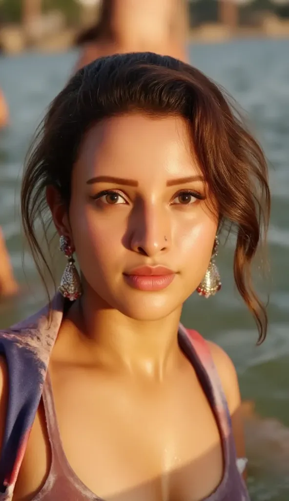 a semi-curvy mature woman, aged 30, naked, in ganga at mahakumbh, taking dip, detailed face and body, extremely detailed eyes and face, longeyelashes, beautiful detailed lips, beautiful detailed eyes, realistic, photorealistic, photo-realistic:1.37, (best ...