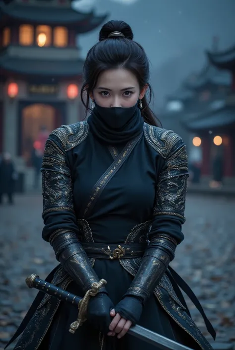 A battle scene in which a female ninja lands、Place one hand on the floor and hold the wuxia long sword horizontally in front of your face.、Intricate chain mail that fits the body perfectly、Black thin mask with only the eyes visible、Serious Eyes、Low fightin...