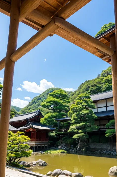   Kyoto in summer   、background、  top quality made of straw、    masterpiece、    beautiful、blue sky