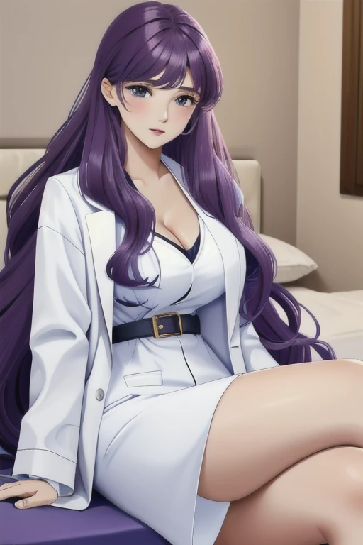 ((best quality, best resolution, master part,  absurd)), Saori o ( 21 years old) Dressing ,lab coat,  lab coat para finwksbra de renda dourada e calcinha e cinto de liga com 7 combinando/8 socks, with her long purple hair falling in soft waves around her d...