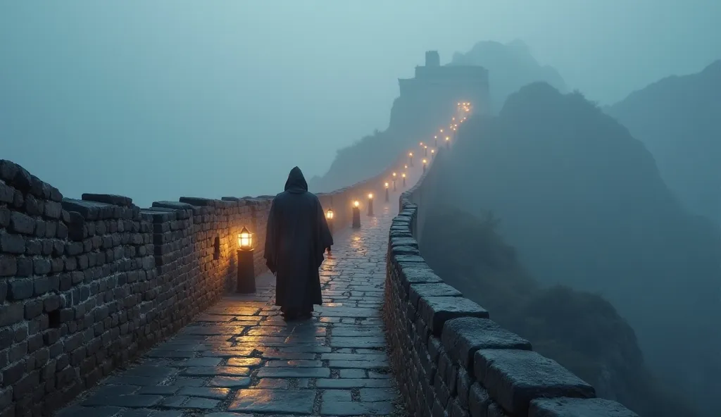 "An ancient, mist-covered Great Wall of China at twilight, with a faint glow of lanterns illuminating the stone path. A mystical aura surrounds the scene as a lone figure, cloaked in traditional robes, walks along the wall, carrying an ancient scroll. In t...