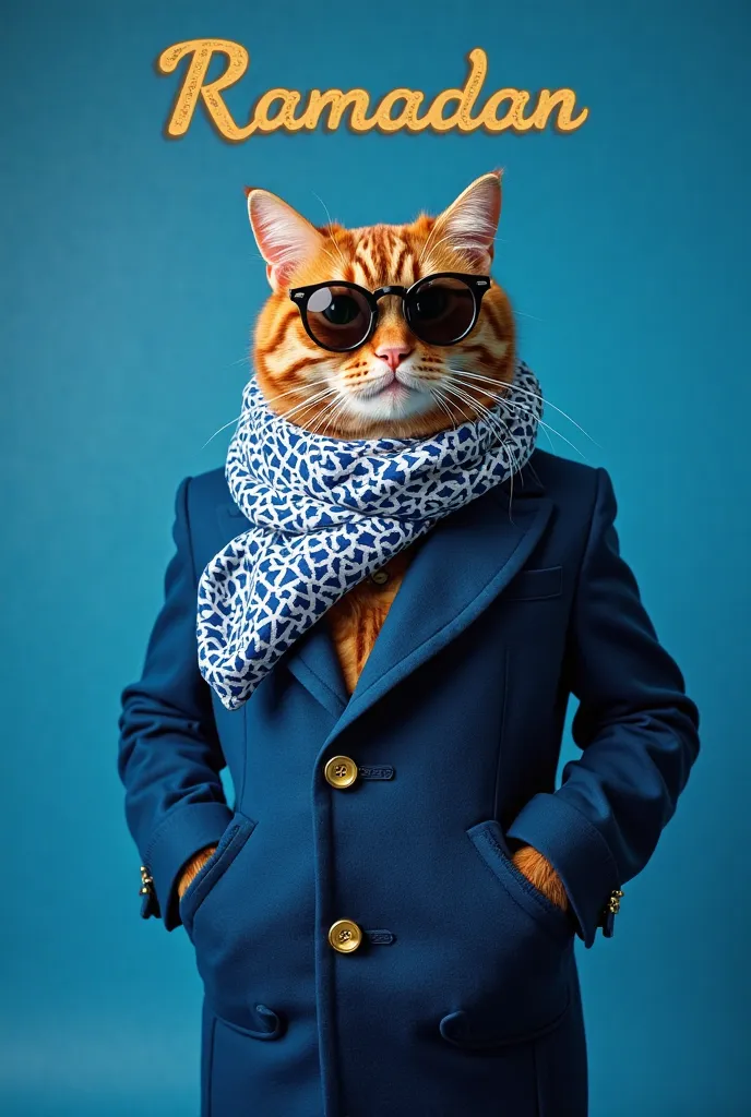 A stylish ginger cat dressed in an elegant blue coat with gold buttons, wearing a traditional white and blue keffiyeh scarf and round black sunglasses. The cat stands confidently against a vibrant blue background with the word 'Ramadan' written in elegant ...