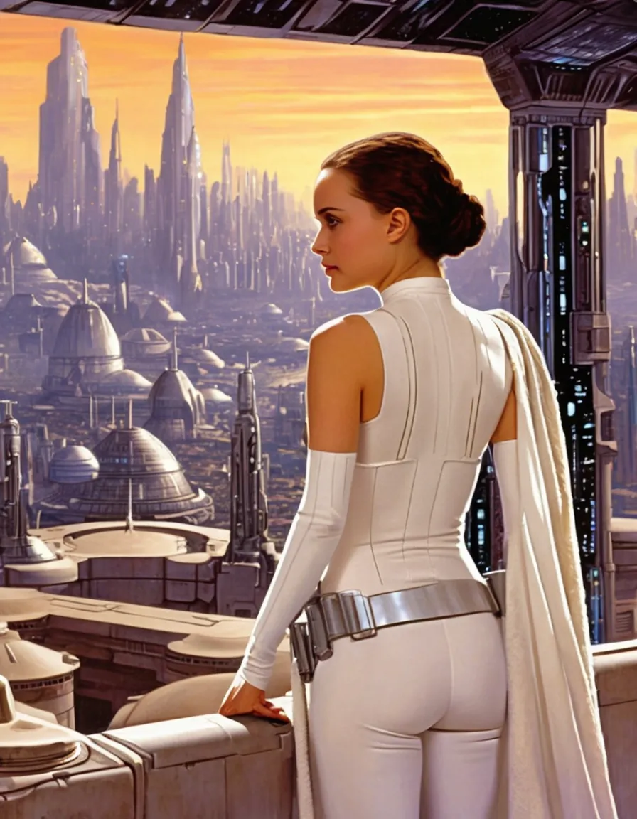 the princess padme , is on a terrace in a bikini,  observing the city of Coruscant from Star Wars, with its immense futuristic buildings, (Design by Doug Chiang),  intricate details of the highest quality machine, cinematic style, absolute clarity, 8k imag...