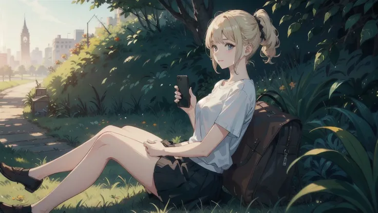 blond girl with white t-shirt and black school skirt, sitting on grass, happy atmosphere, smart phone holding with one hand, sunny day