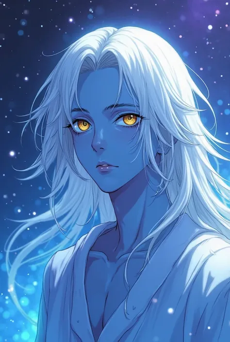 An anime style medium shot of blue skin long white hair, androgynous angelic man with a sfumato effect. He is a hybrid of the mollusk sea angel and has golden eyes and white eyelashes. The young man is a tritón. He is the most beautiful man in the world. T...