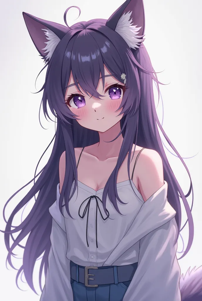 Anime wolf girl Innocent looking with light purple eyes and dark purple hair  Full body look straight ahead 