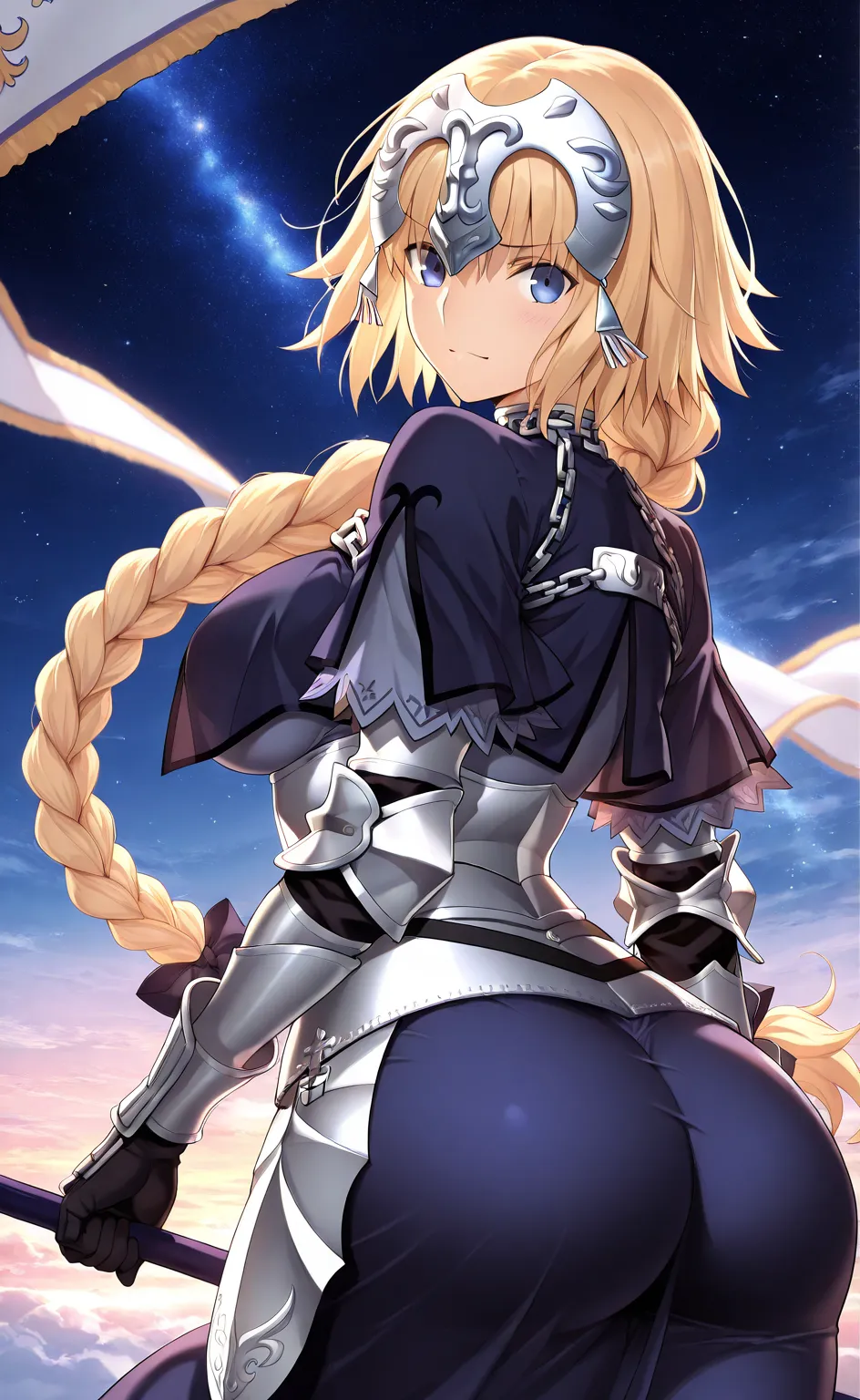 high resolution picture, masterpiece, best quality, amazing quality, official art, celestial light, heavens, solo, 1girl,  Jeanne D'arc from Fate Grand Order, 1girl, Jeanne D'arc, blue eyes, blonde hair, braid,
Blue dress, armor, head ornament, breasts,   ...