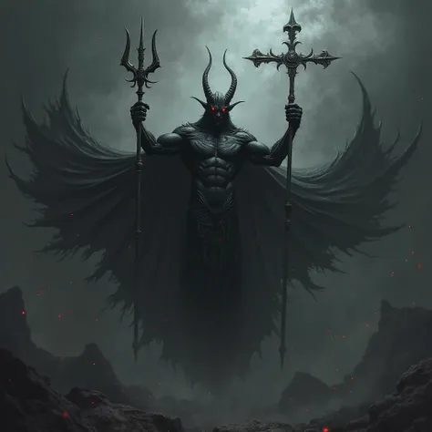 a black demon that hangs in the air with a trident that stands in the air and shows an inverted cross