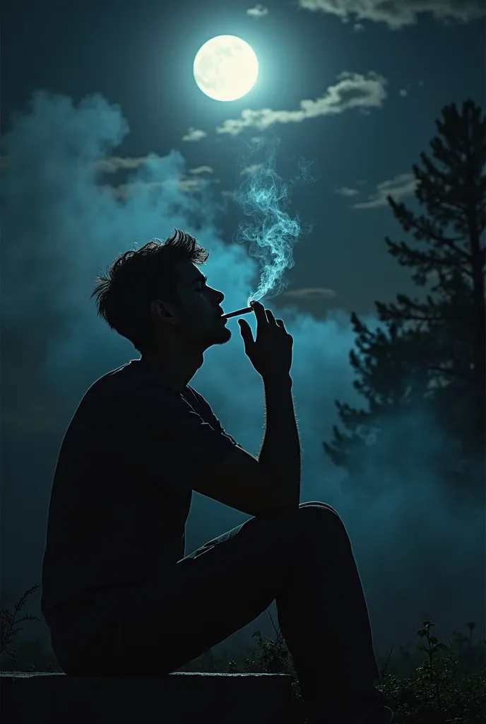 Graphic design Expect a dramatic scene that expresses sadness with the symbolism of a young man sitting in the dark drinking cigarettes amid cigarette smoke, with a dark sky and a bright moon. I use dark colors and shadows with bright lighting to achieve a...