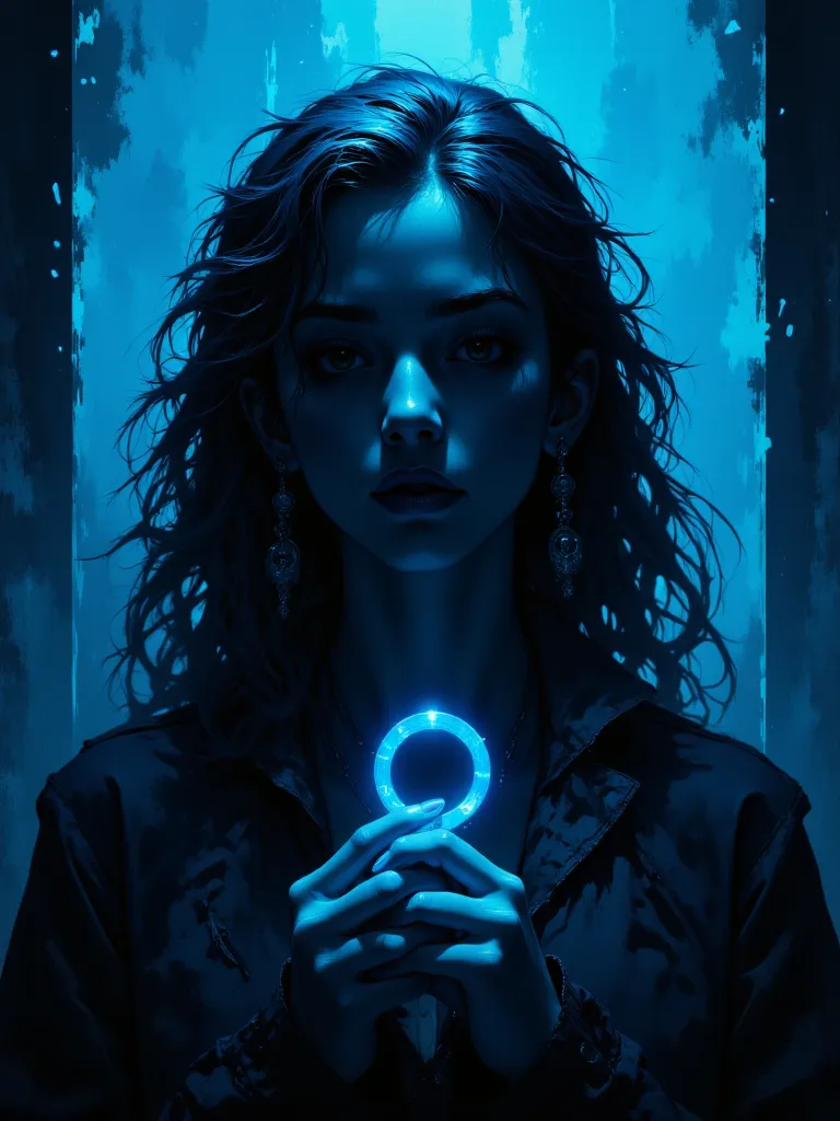 A silhouette of a young woman with dark wavy hair, ((very pale skin)), facing a mirror, (holding an ancient key), (frontal shot), (portrait), thick mist, ((((deep dark sapphire blue color)))), at night, darkness, shadow, masterpiece, digitalart, painting, ...