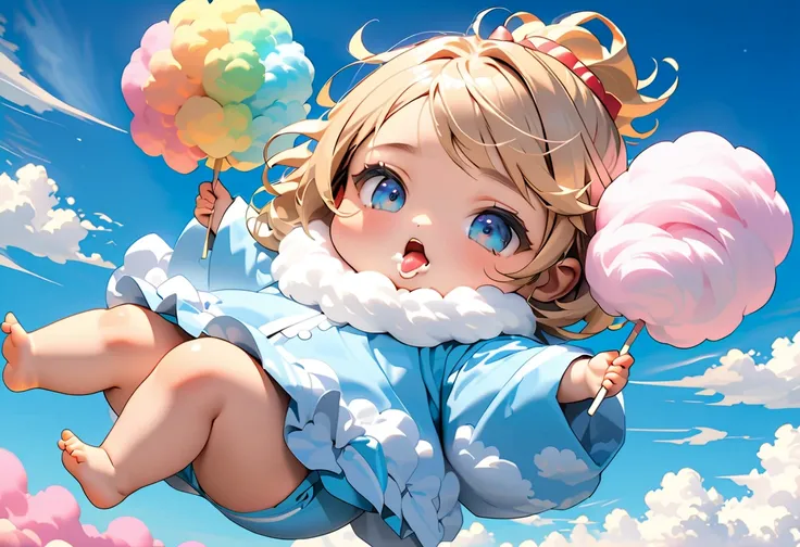  Masterpiece, Top Quality, Created in High Resolution, 4K, 8k, realistic, photorealistic: 1.5, floats into the air, Deep blue sky,
Doo-un,((Cloud Goddess Lying on Seven Colored Clouds、I'm going to cheer,Eating Cloud Cotton Candy)),((deformed character, chi...