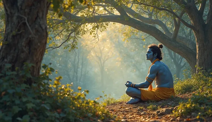 Create a hyper-realistic, cinematic digital painting depicting Lord Krishna in his final moments on Earth. Set within a serene forest clearing illuminated by soft, golden light filtering through the ancient branches of a sprawling tree, Krishna is seated i...