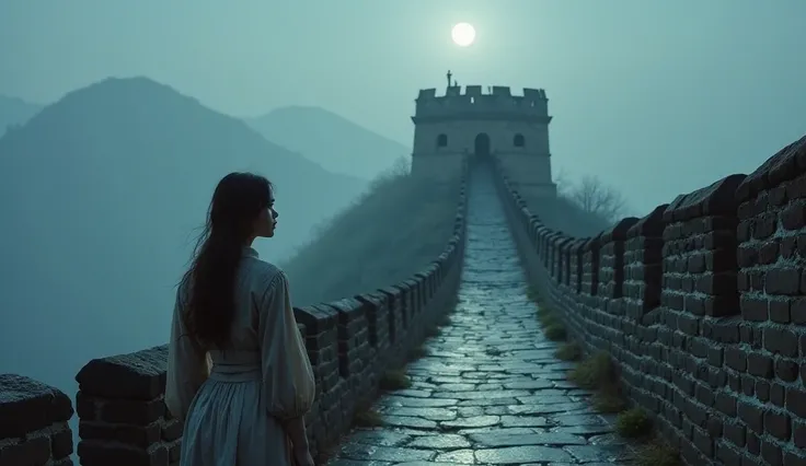 "A sorrowful scene along the Great Wall of China, bathed in the soft light of a full moon. The wall, ancient and weathered, stretches into the distance, its stone surface reflecting a gentle sheen of dew. At the center, a lone woman in traditional robes st...