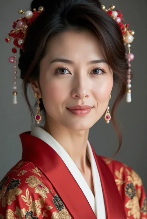 A close-up portrait of a radiant 50-year-old Japanese woman in a contemporary courtesan-inspired kimono. The kimono is a rich crimson red, embroidered with golden and black floral motifs. She is adorned with dazzling ruby jewelry, including a gold choker w...