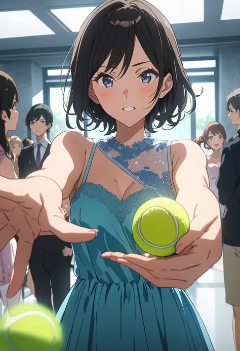 in kyoto animation style:1.1,dark painting （Anime-style painting style）,（Anime screencap:1.5）,Mirei Suzuki  (Suzuki Mirei ) - Sound! Euphonium,anime style:1.1, 1 girl, short hair,berry short hair, black hair,  Jade Eyes , Blue long dress,party dress,teeth,...