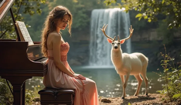 Please create me the nice image of sexy young Ukraine girl with very big boobs exposed outside, wearing sexy dresses, playing piano in the forest near waterfall and white deer with the wind blow. view her at the front 