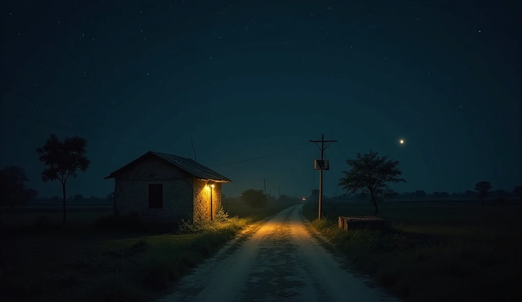 "A small rural house in a village of Uttar Pradesh at night. The house has dim yellow light coming from a single bulb. The surroundings are dark, with a few trees and fields in the background. The night sky is filled with stars, and the village road appear...