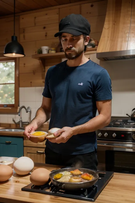 The male owner with a high nose, medium height, and wearing a blue shirt and black hat is cooking eggs in the kitchen of his house. The wooden house looks very aesthetic.