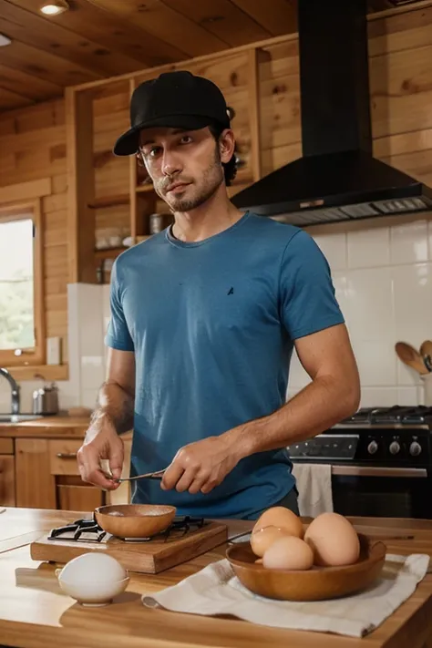 The male owner with a high nose, medium height, and wearing a blue shirt and black hat is cooking eggs in the kitchen of his house. The wooden house looks very aesthetic.