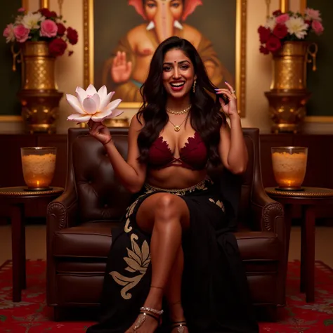 a big lavish living room, dim neon light, a girl sitting on a chair, there are large brass tumbler's with water and lotus on both side of the chair , wearing a sexy dark red  bikini blouse and a black saree with white lotus design on it , a dark red lipsti...