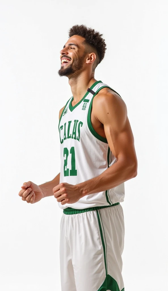 white background in the image A fair-skinned handsome basketball player in a white uniform with green accents with a big smile rejoices in victory, hands clenched in fists, side view of the basketball player
