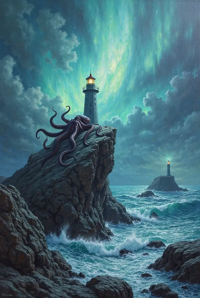 an octopus on a rock and a lighthouse behind, with the aurora borealis in the sky, during a storm, painting on canvas