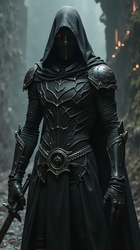 Close up shot of a person in a dark costume with a sword , concept art：Arthur Pang, Art Station Contest Winners , Gothic art, ,  Dark Fantasy Art ,  Berserk Skull Knight Black Armor,  Dark Fantasy Art work,  Dark Fantasy Art ,  very beautiful berserker wom...