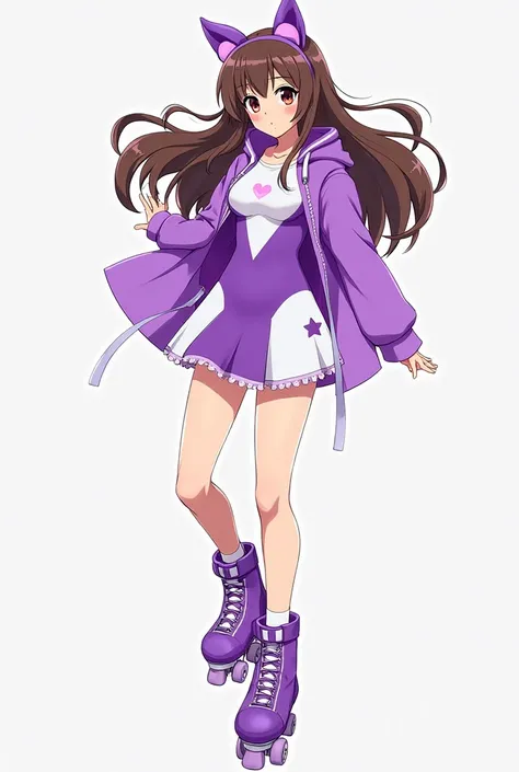 Create a profile picture of a white woman wearing a purple and white cat suit a purple jacket an outfit with a small white star a purple skirt and a roller skate , with brown hair and make her like an anime 