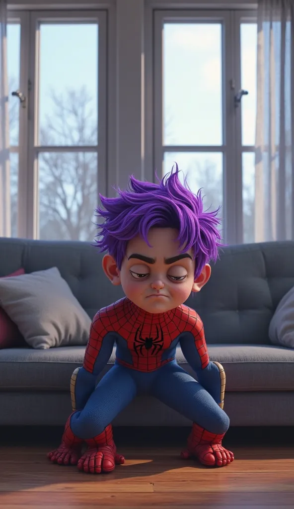 a boy superhero is short and also slumped backwards asleep wearing a blue and red suit with a spider web pattern like Spiderman and the character's purple hair has an exaggerated angry expression, The room has large windows with thin curtains, gray sofa, a...