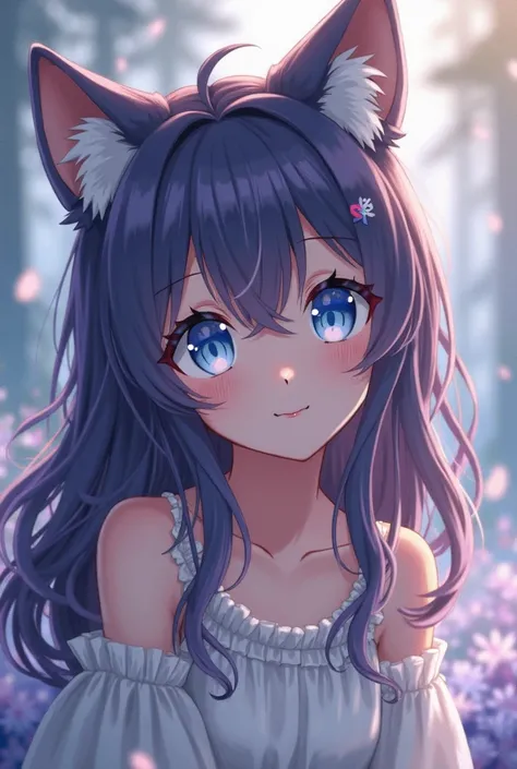 Anime wolf girl Innocent looking with light blue eyes and dark purple hair 