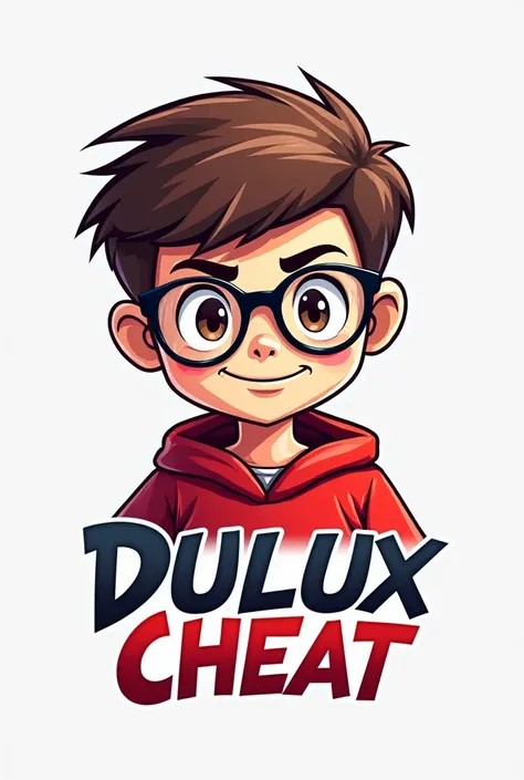 Create a gaming logo featuring a boy wearing glasses and dressed in a red outfit, and the logo's name should be "DULUX CHEAT"