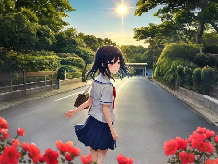 The dazzling early summer sun seen from the hill is the main attraction.
The sea in the distance
A Japanese high school student with a short cut staring at the sun
Dressed in plain clothes and a skirt that flutters in the wind.
Flowers in early summer at h...